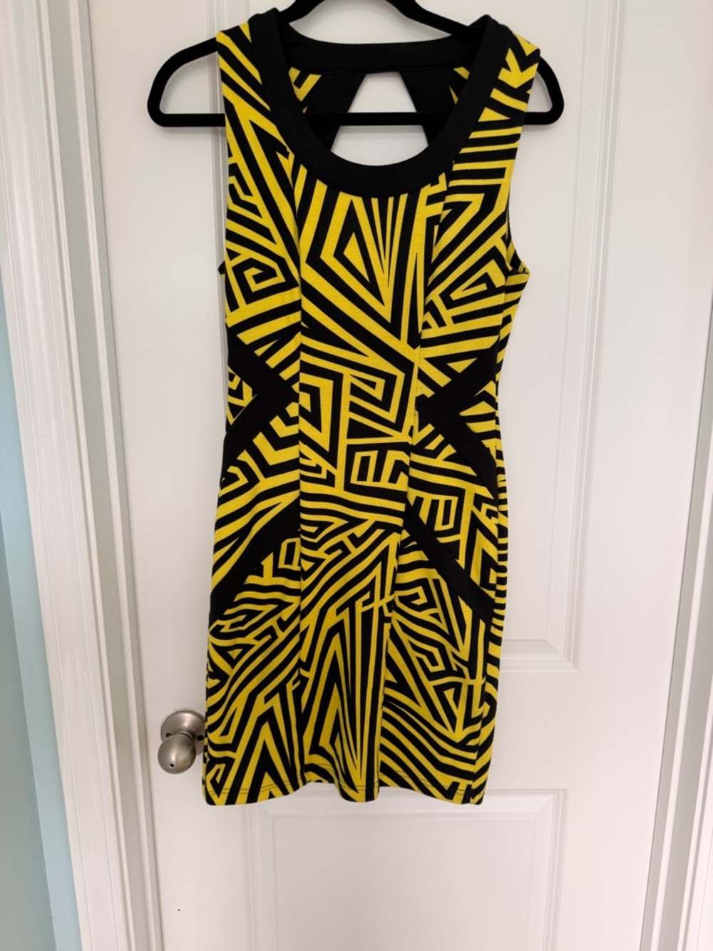 Kardashian Kollection Small Bodycon Dress Yellow Black Geometric Cutout Back
